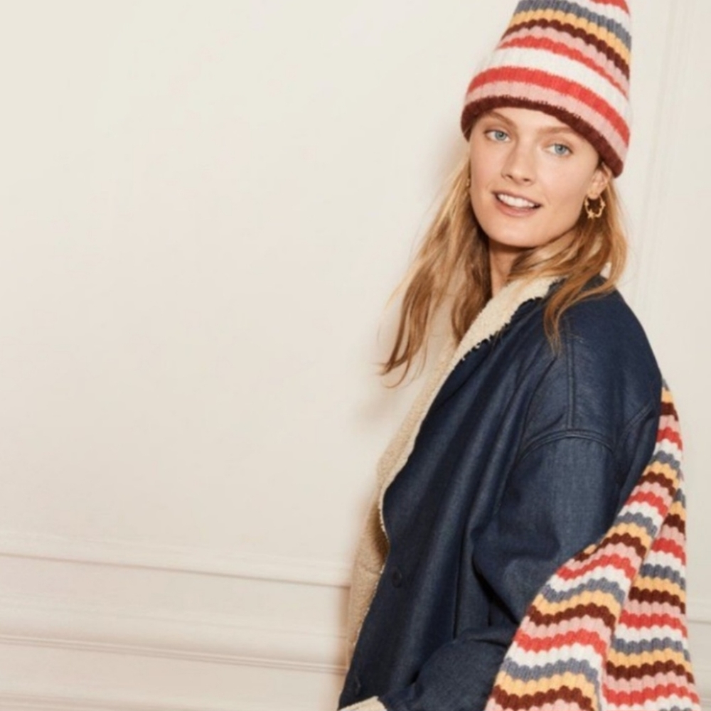 SET- Madewell Carousel Stripe Knit Wool Blend Hat Beanie and Scarf Merino Alpaca